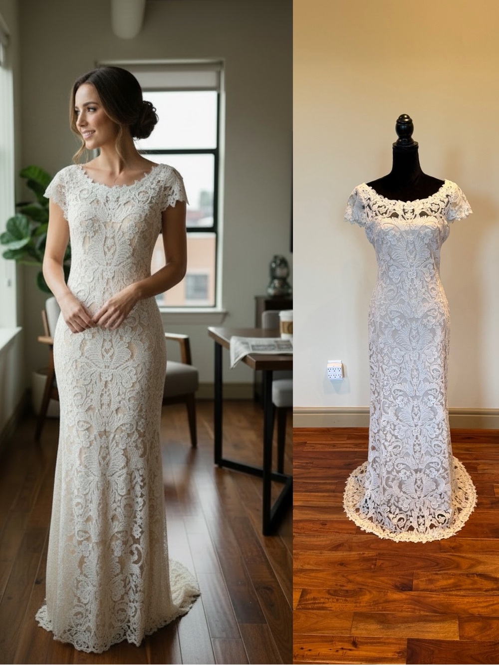 Tadashi Shoji elegant cream lace capsleeve bridal formal long gown dress size 8